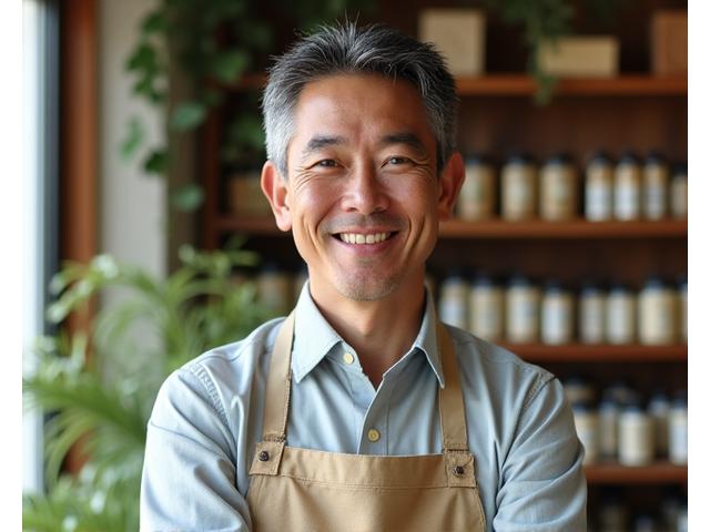 キレイカスミ代表の笑顔、背後に木製の棚に並ぶ手作り石鹸と自然素材